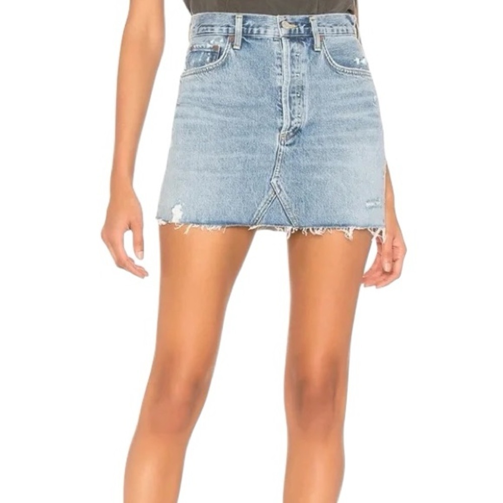 AGOLDE Quinn High Rise Cut Off Denim Mini Skirt Blue Size 25